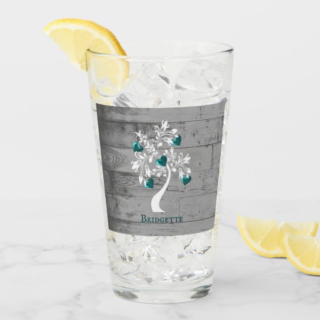 Teal Tree of Hearts Personalised Glass Cup (Front Ice)