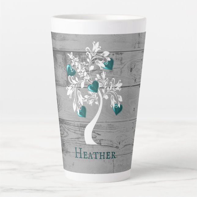 Teal Tree of Hearts Personalised Latte Mug (Front)