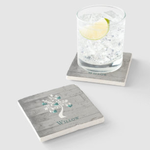 Teal Tree of Hearts Personalised Stone Coaster