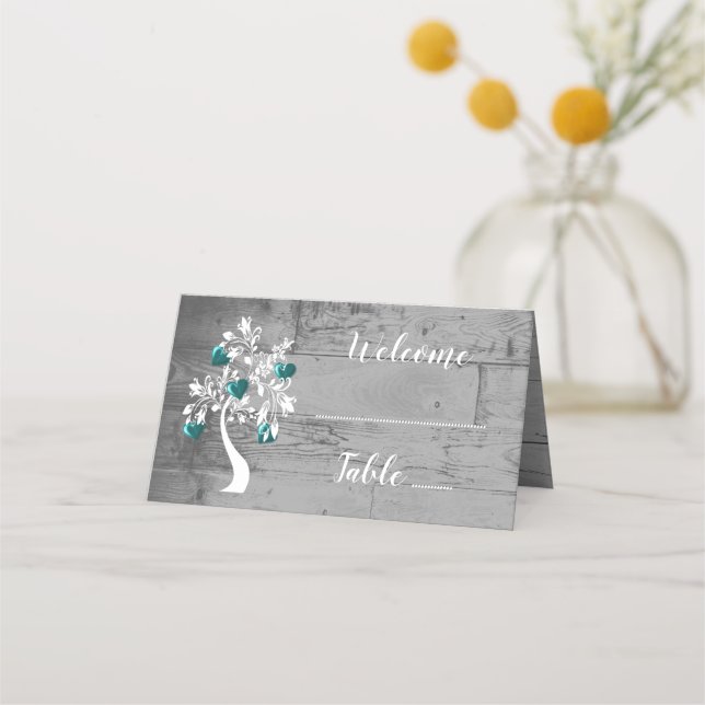 Teal Tree of Hearts Reception Place Card (Front)