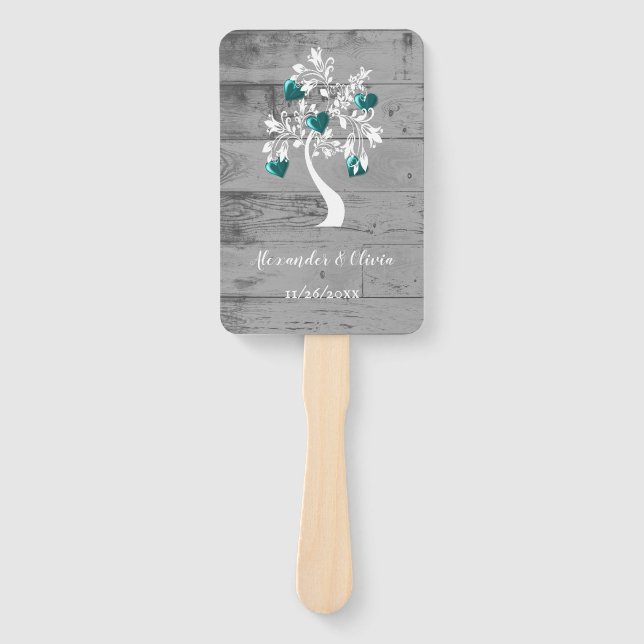 Teal Tree of Hearts Wedding Favour Hand Fan (Front)