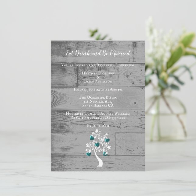 Teal Tree of Hearts Wedding Rehearsal Dinner Invitation (Standing Front)