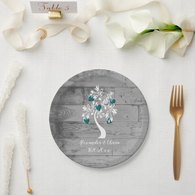 Teal Tree of Hearts Wedding Shower Paper Plate (Wedding)