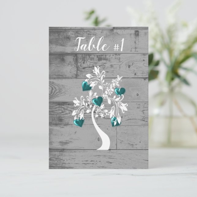 Teal Tree of Hearts Wedding Table Card (Standing Front)