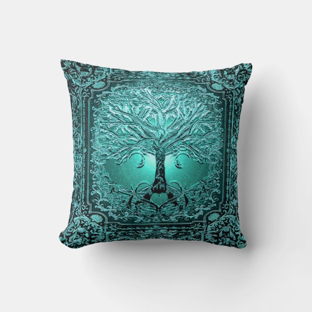 Teal Tree of Life Ancient Rustic Cushion (Front)