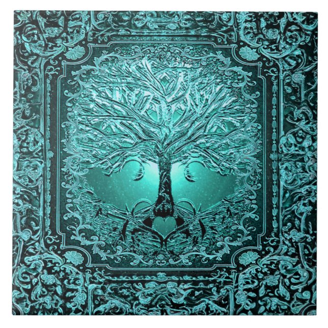 Teal Tree of Life Ancient Rustic Tile (Front)