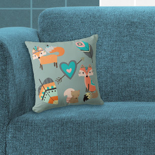 Teal Tribal Fox on Sage Blue Cushion