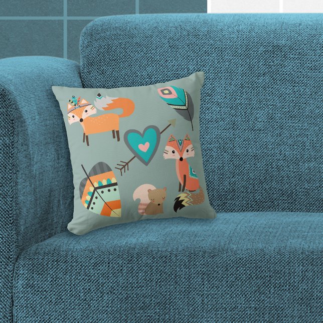 Teal Tribal Fox on Sage Blue Cushion (Creator Uploaded)