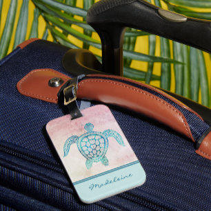 Teal Tribal Turtle on Pastel Sunset Watercolors Luggage Tag