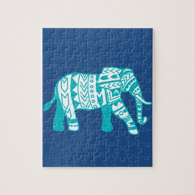 Teal Tribal Walking Elephant Jigsaw Puzzle (Vertical)