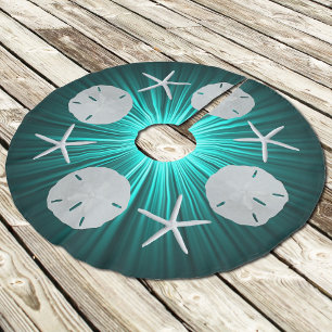 Teal Tropical Christmas Sand Dollars Tree Skirt