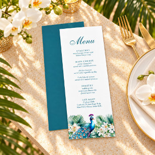 Teal Tropical Flowers Peacock Wedding Menu