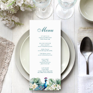 Teal Tropical Flowers Peacock Wedding Menu
