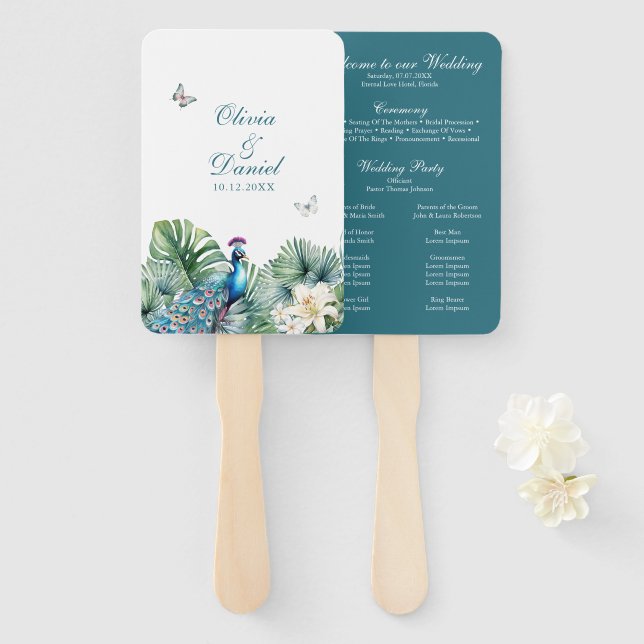 Teal Tropical Flowers Peacock Wedding Program Hand Fan (Front and Back)