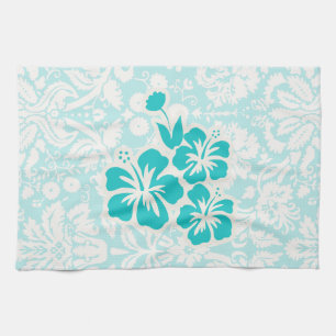 Teal Tropical Flowers Tea Towel