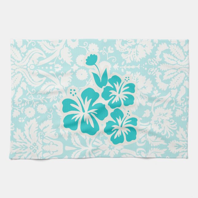 Teal Tropical Flowers Tea Towel (Horizontal)