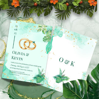 Teal Tropical Gold Monstera Wedding Invitation