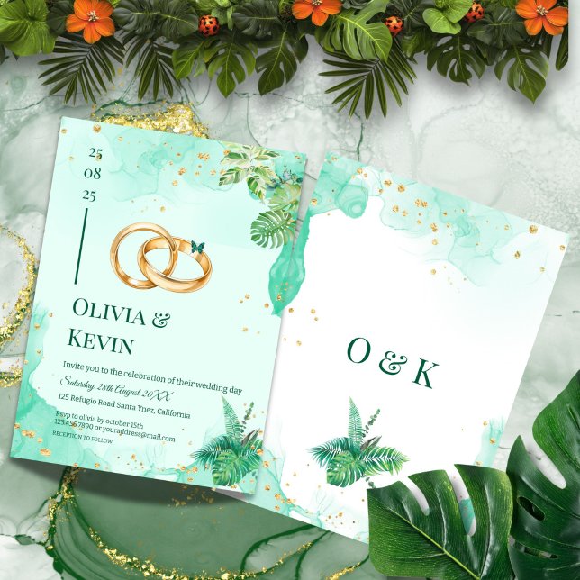 Teal Tropical Gold Monstera Wedding Invitation (Creator Uploaded)