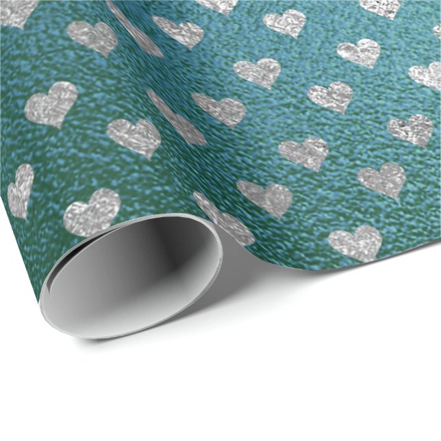 Teal Tropical Green Glass Silver Hearts Grey Wrapping Paper (Roll Corner)