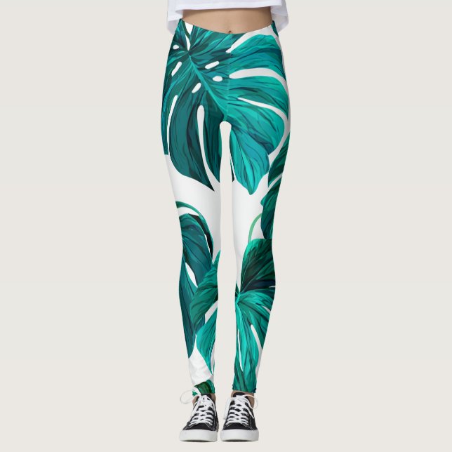 Teal Tropical Monstera Leaf Seamless Pattern Art Leggings (Front)