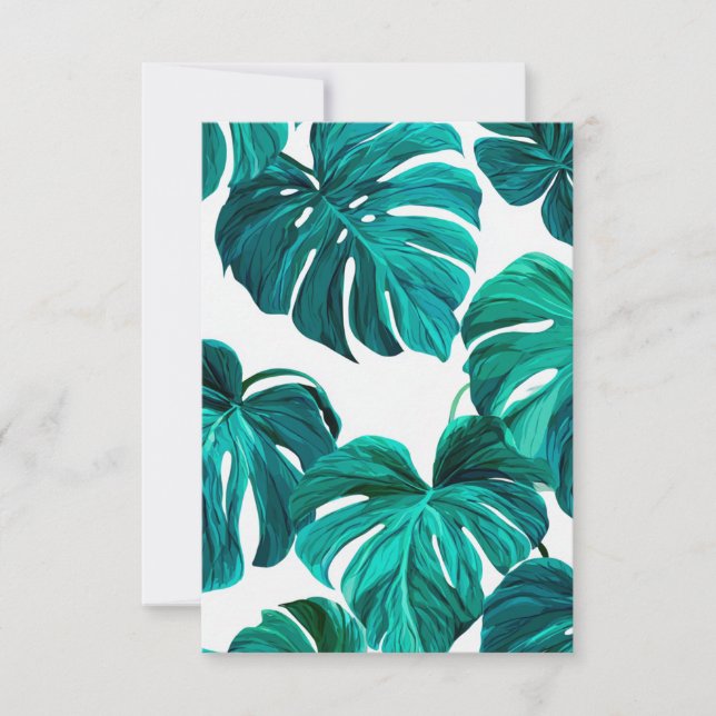 Teal Tropical Monstera Leaf Seamless Pattern Art RSVP Card (Front)