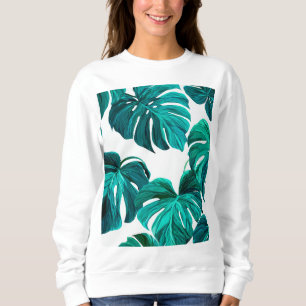 Teal Tropical Monstera Leaf Seamless Pattern Art Sweatshirt