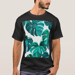 Teal Tropical Monstera Leaf Seamless Pattern Art T-Shirt