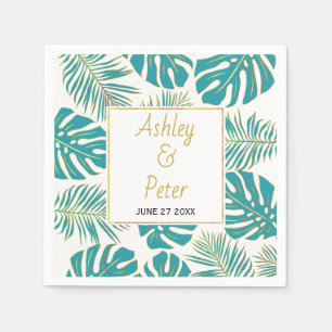 Teal tropical monstera, palm leaves modern wedding napkin