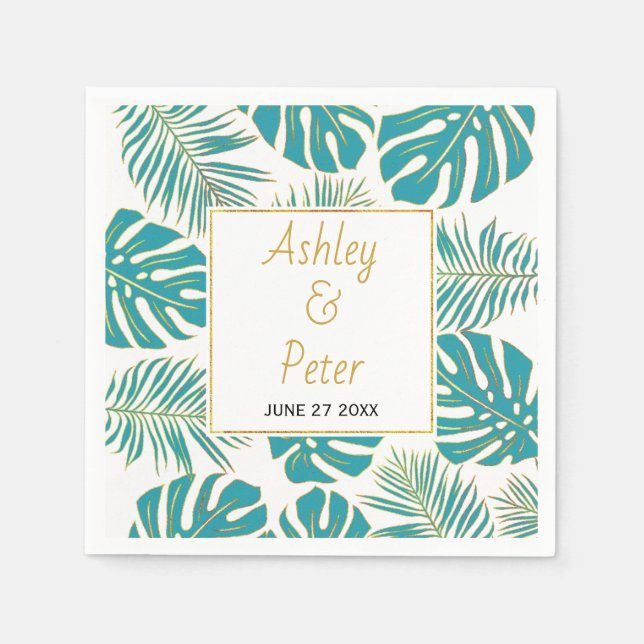 Teal tropical monstera, palm leaves modern wedding napkin (Front)