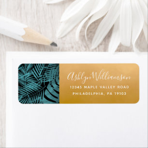 Teal tropical palm leaf gold modern script address
