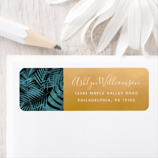 Teal tropical palm leaf gold modern script address (Insitu)