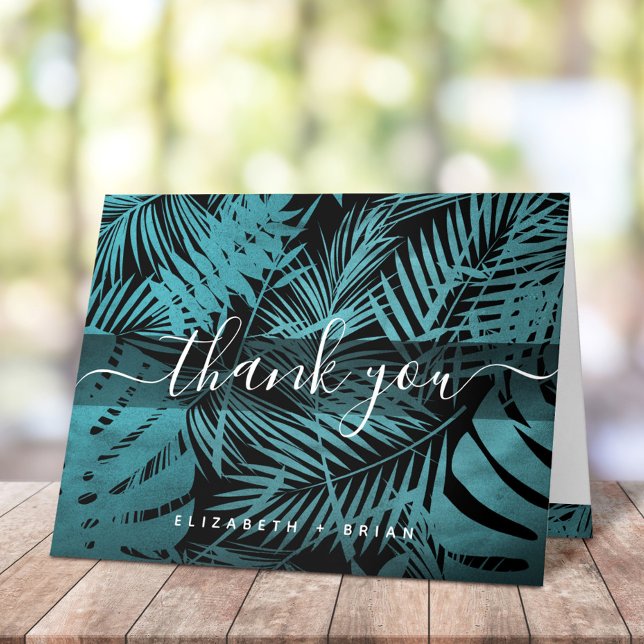 Teal tropical palm leaf pattern calligraphy script thank you card (Creator Uploaded)