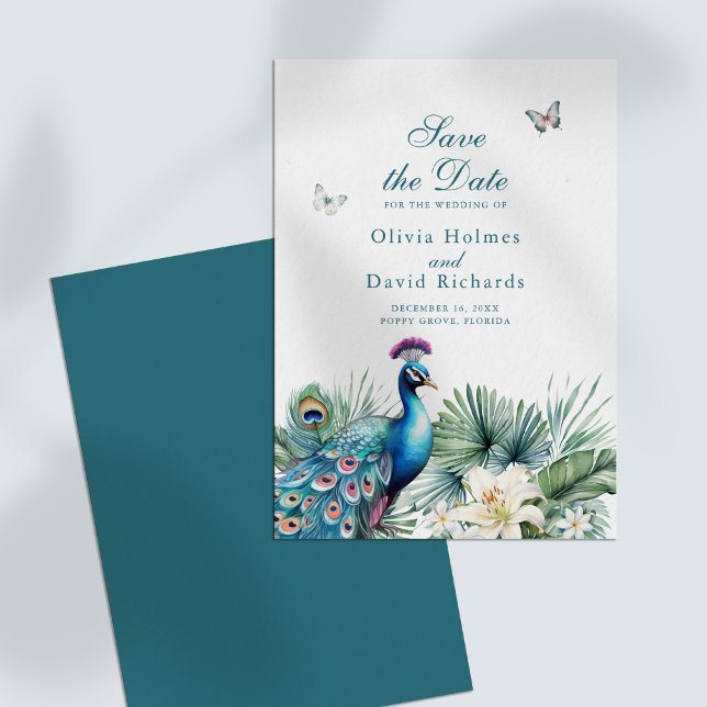 Teal Tropical Peacock Wedding Save the Date Card (Teal Tropical Peacock Wedding Save the Date Card on a white table)
