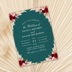 Teal Tropical Rose Autumn Wedding Invitation