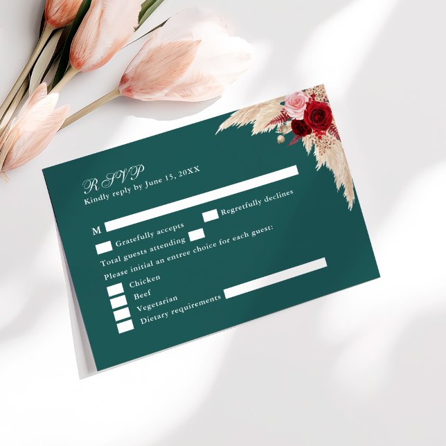 Teal Tropical Roses Wedding RSVP Card (Teal Tropical Roses Wedding RSVP Card on sunny white table with pale pink flowers.)