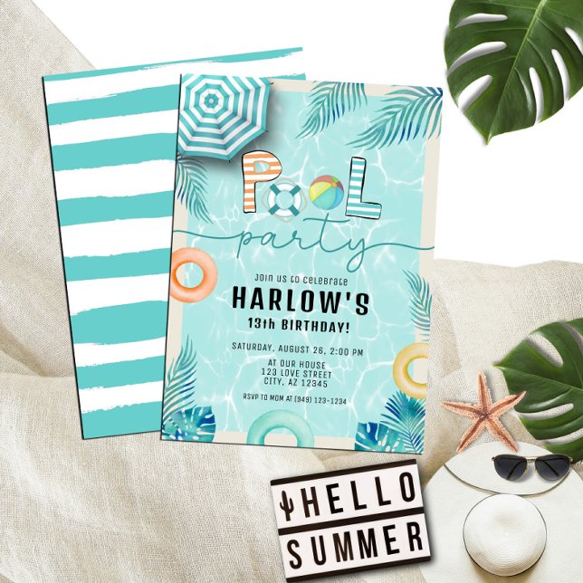 Teal Tropical Summer Fun Pool Party Birthday Invitation (Creator Uploaded)