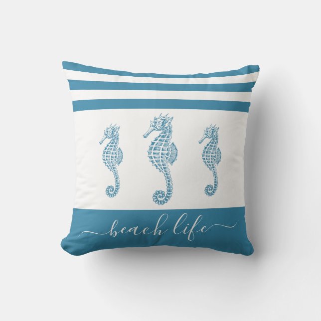 Teal turquoise 3 seahorse beach life script modern cushion (Front)