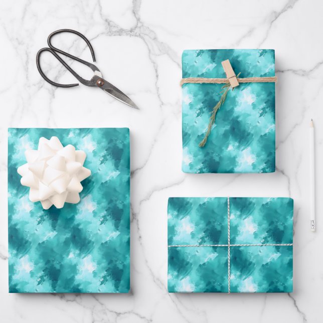 Teal & Turquoise Abstract Paint Wrapping Paper Sheet (Front)