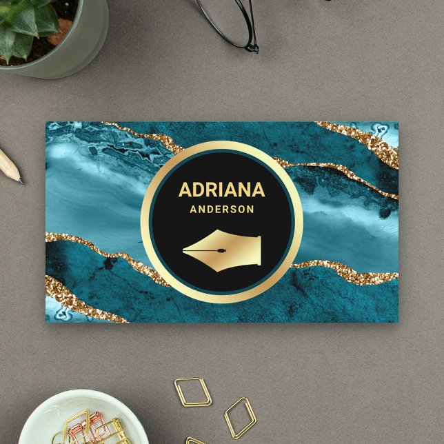 Teal Turquoise Agate Lawyer Attorney Gold Pen Nib Business Card (Creator Uploaded)