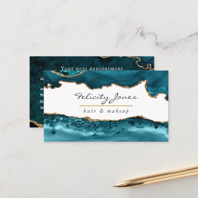 Teal - Turquoise and Gold Agate Business Appointment Card (Front/Back In Situ)