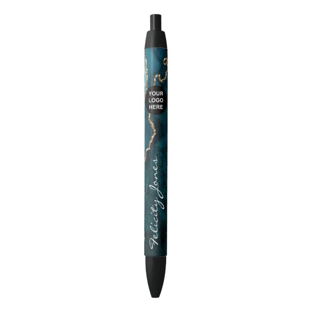 Teal - Turquoise and Gold Agate Business Black Ink Pen (Front Vertical)