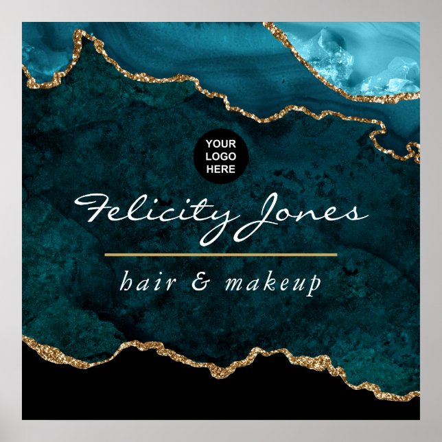 Teal - Turquoise and Gold Agate Business Poster (Front)