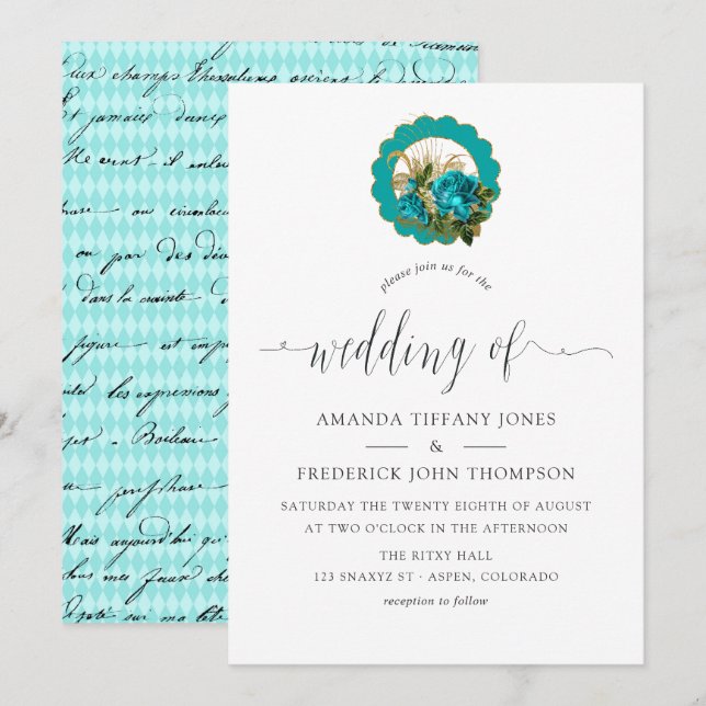 Teal - Turquoise and Gold Chic Paris Wedding Invitation (Front/Back)