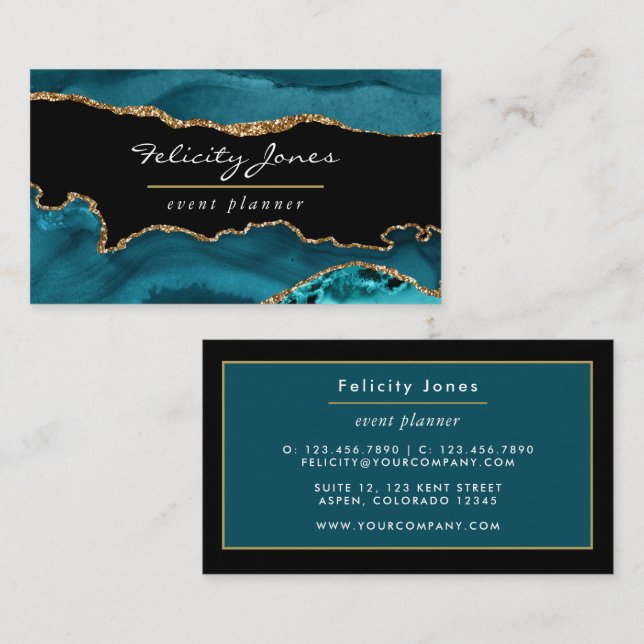 Teal - Turquoise and Gold Geode Agate Stone Busine Business Card (Front/Back)
