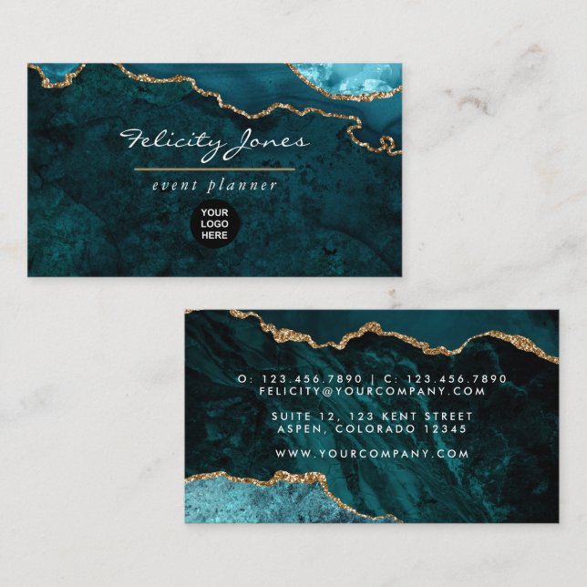 Teal - Turquoise and Gold Geode Agate Stone Business Card (Front/Back)
