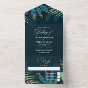 Teal - Turquoise and Gold Tropical Leaves All In O One Invitation
