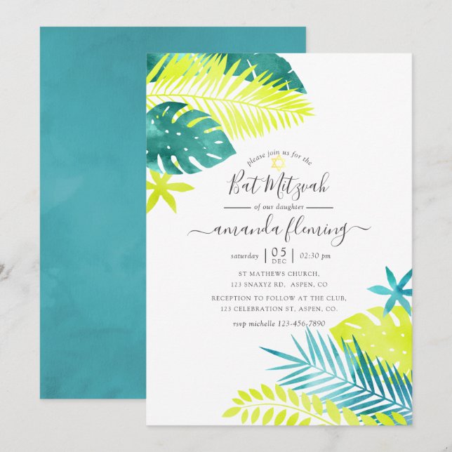 Teal - Turquoise and Lemon Tropical Bat Mitzvah Invitation (Front/Back)