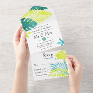 Teal - Turquoise and Lemon Tropical Wedding All In One Invitation