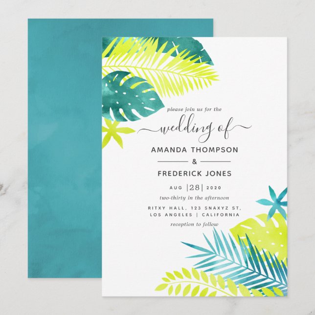 Teal - Turquoise and Lemon Tropical Wedding Invitation (Front/Back)