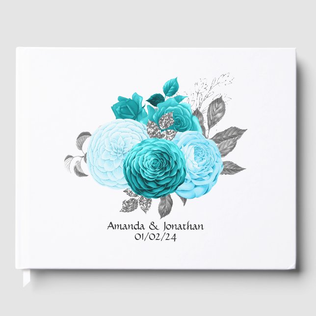 Teal - Turquoise and Silver Floral Wedding Guest Book (Front)
